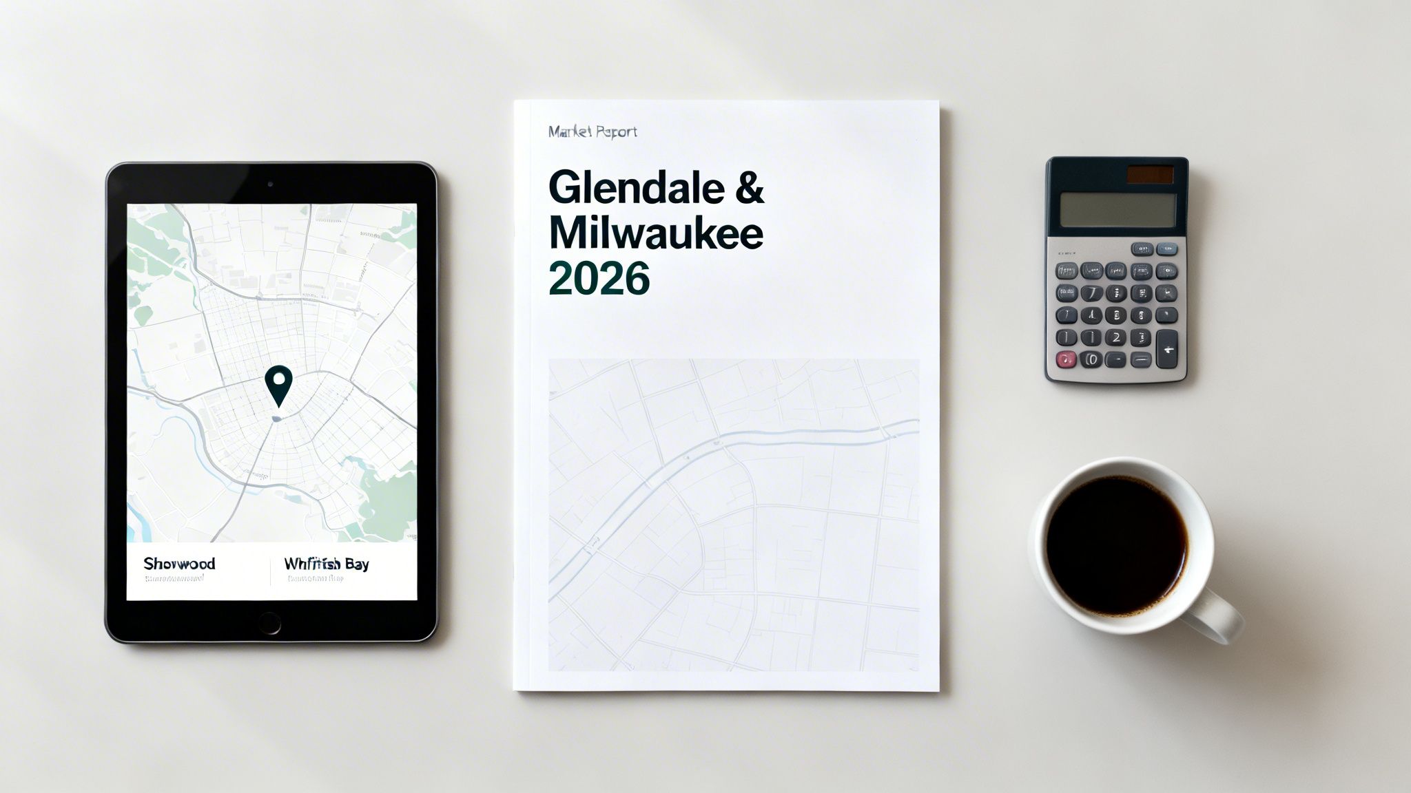 Overhead view of a workspace with a tablet map, Glendale Milwaukee report, calculator, and coffee.