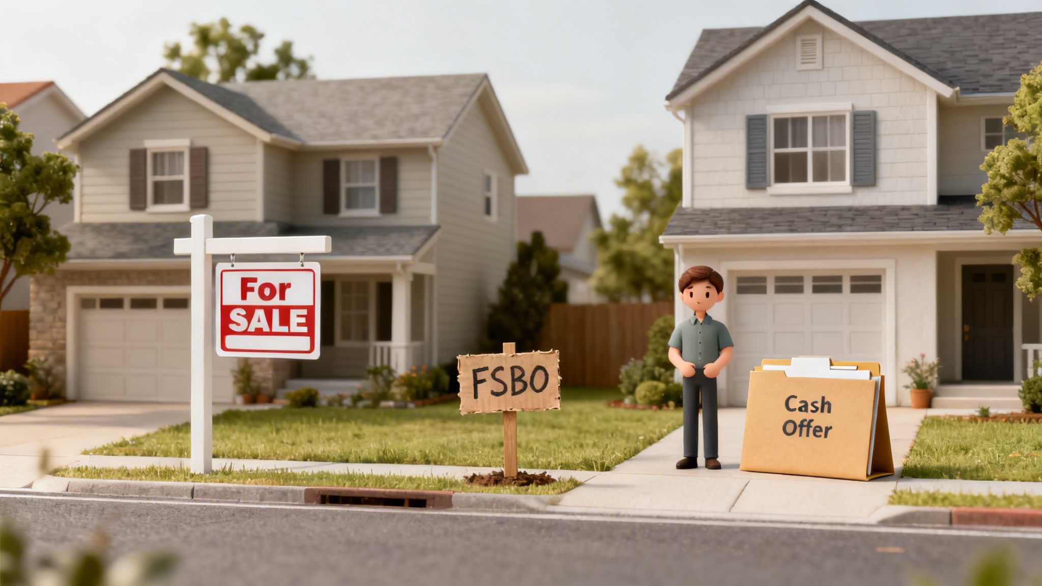 A residential street features houses, 'For Sale' and 'FSBO' signs, and a 'Cash Offer' folder.