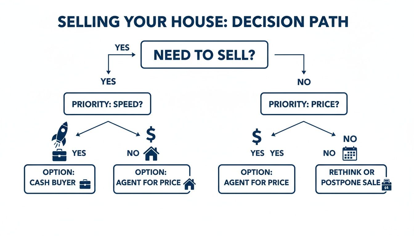 A decision path flowchart guiding house sellers based on their priorities: speed or price.