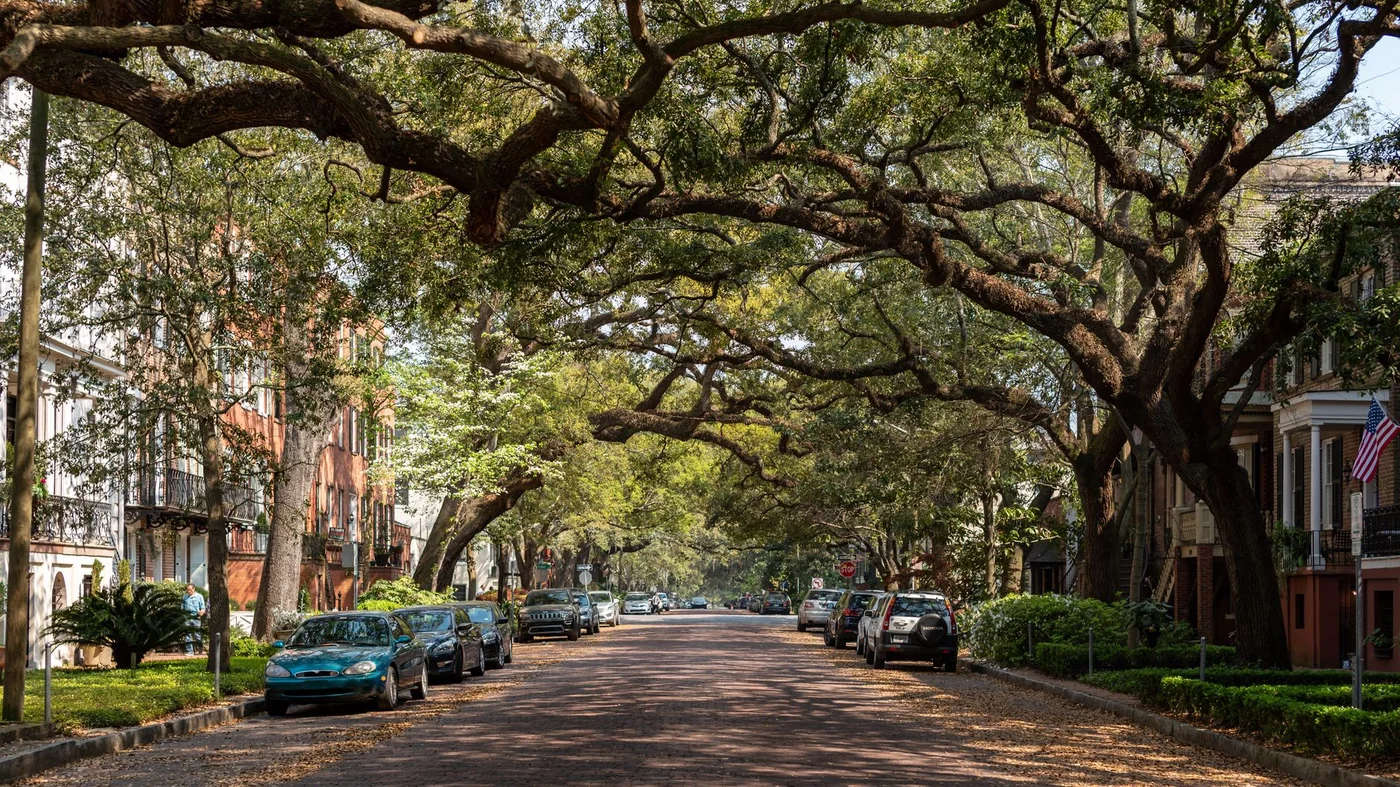 Historic street lined with live oaks and older townhouses in Savannah, Georgia
