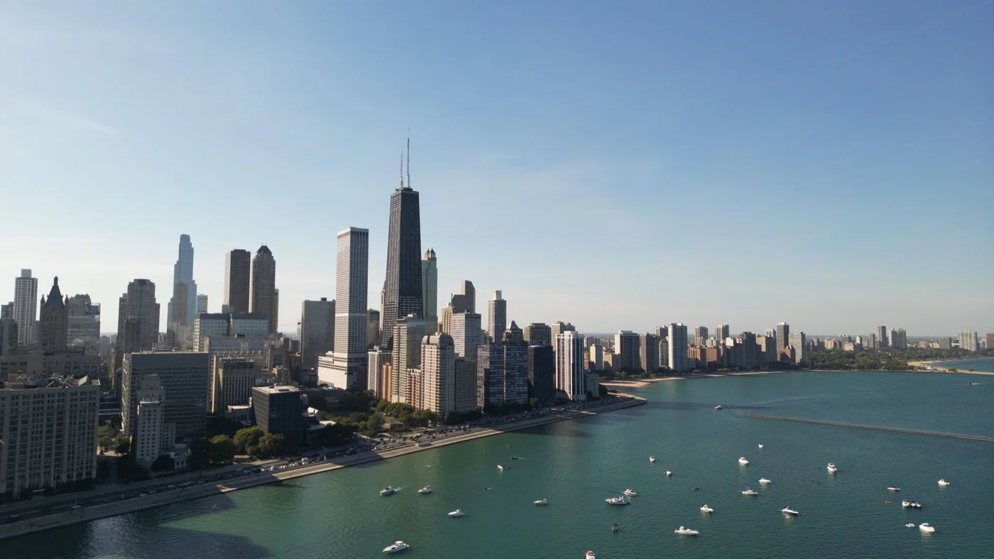 Aerial view of the Chicago skyline over Lake Michigan