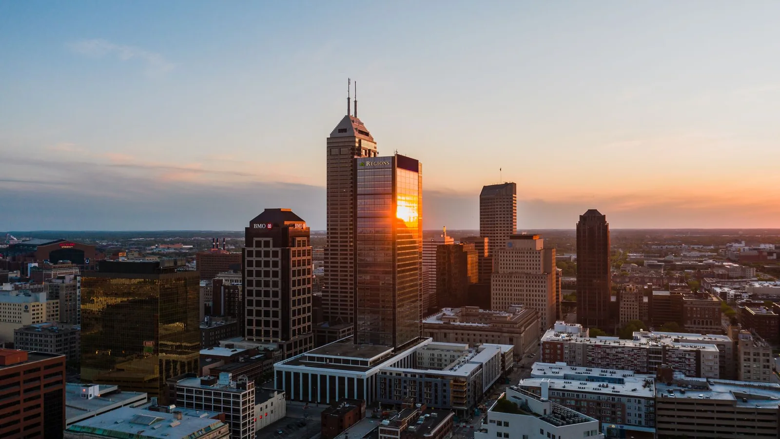 Aerial view of the Indianapolis, Indiana skyline at sunset