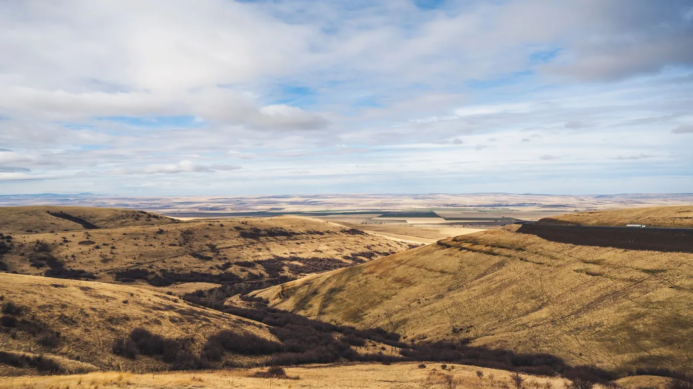 Rolling dun grassland cut by shallow draws, running out to a flat farmed horizon under a wide sky of broken cloud