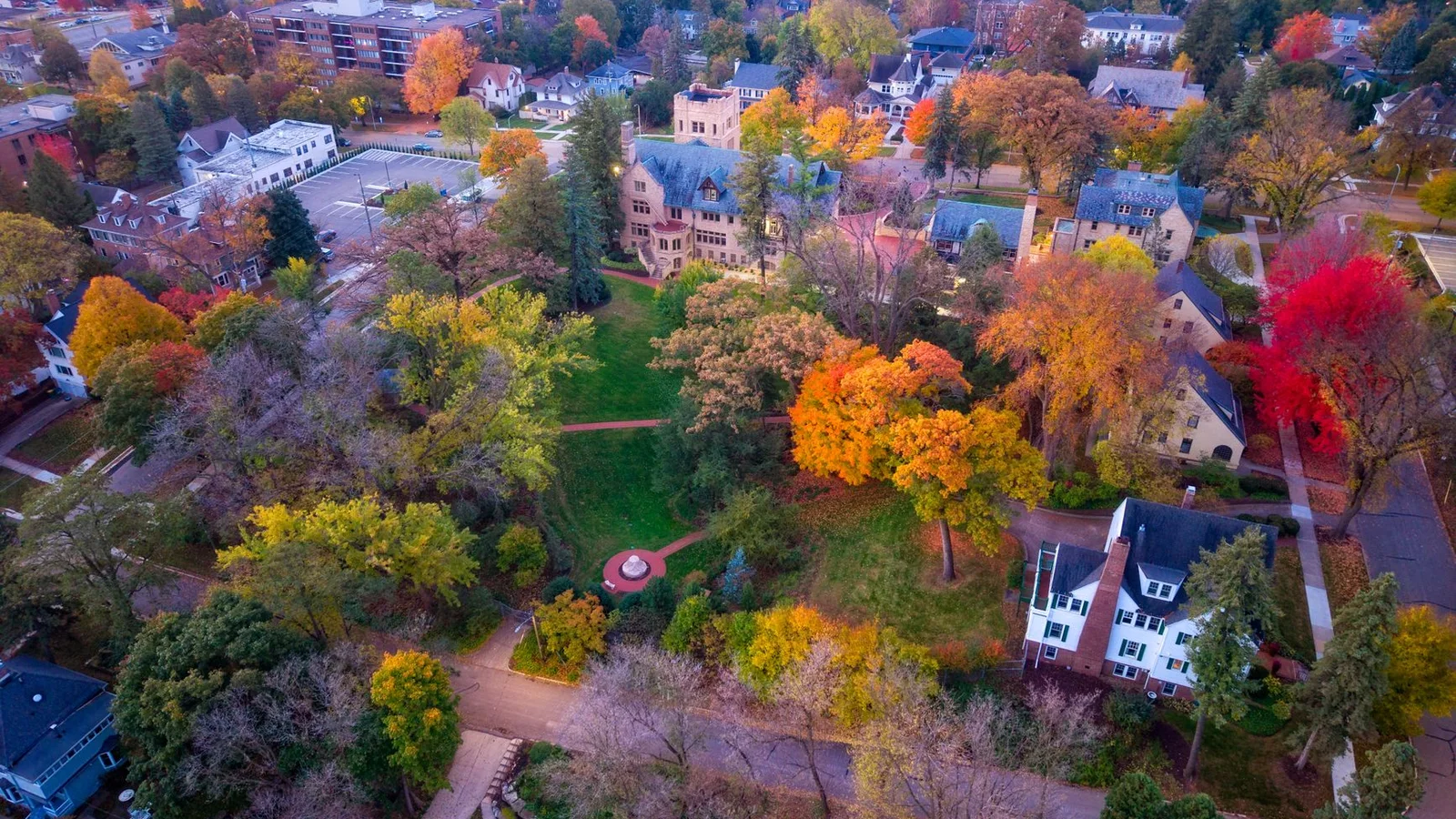 Aerial view of a residential neighborhood in autumn color in Rochester, Minnesota
