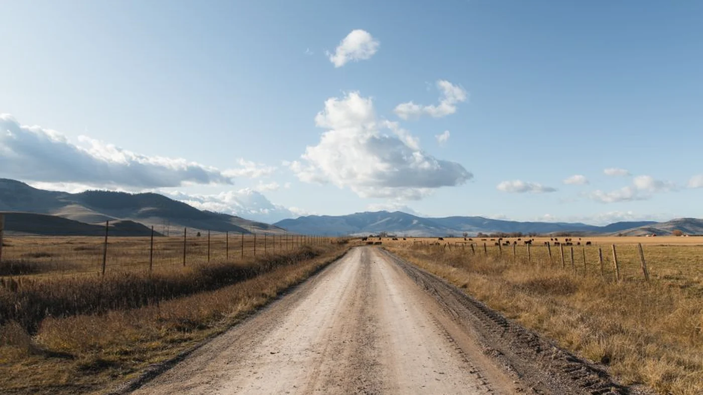 A dirt road running straight through wide open Montana countryside towards a range of mountains on the horizon, with dry grass on both sides