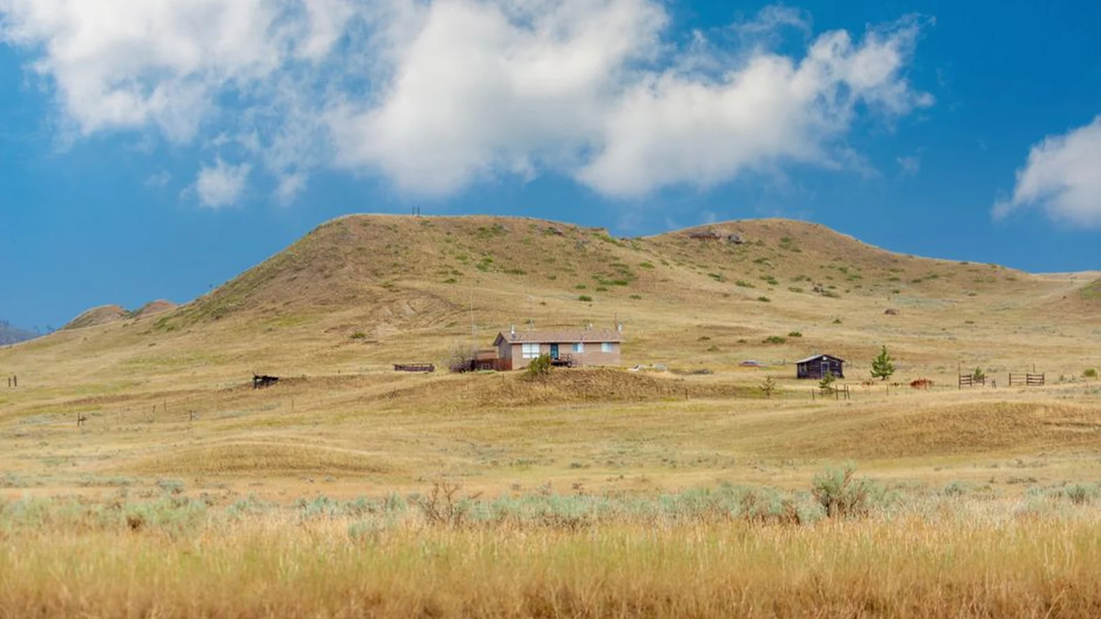 A single-storey ranch house with outbuildings and corrals standing alone on dry golden grassland below a low sage-covered hill, under a wide blue sky with scattered cloud