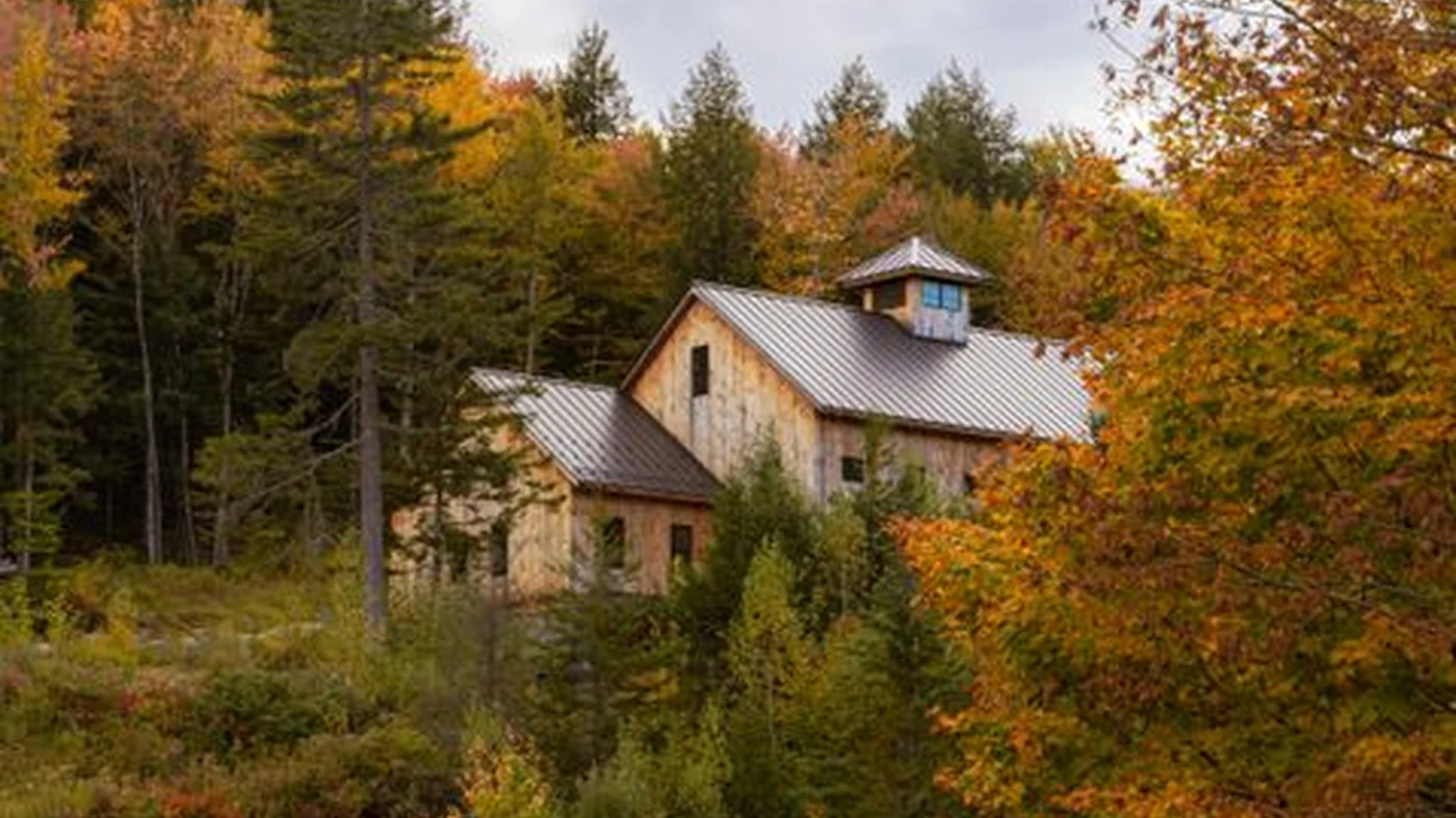 A timber-clad farmhouse with a standing seam metal roof and a cupola, standing among evergreens and maples turning orange on a grey autumn day